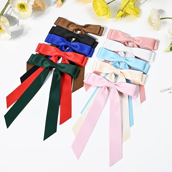 10PCS Silky Satin Hair Bows Hair Clip Ribbon Accessories Ponytail Holder Slides Metal Clips French Barrette Hair Bow for Women Girls Toddlers Teens Kids