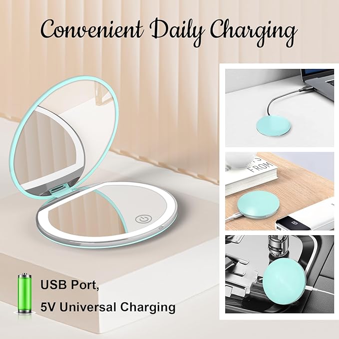 Kakuje Compact Mirror with Light, 1X/3X Magnification LED Pocket Mirror with USB Data Cable,Mini Mirror for Purse, Pocket,Travel and Present (Mint Green)