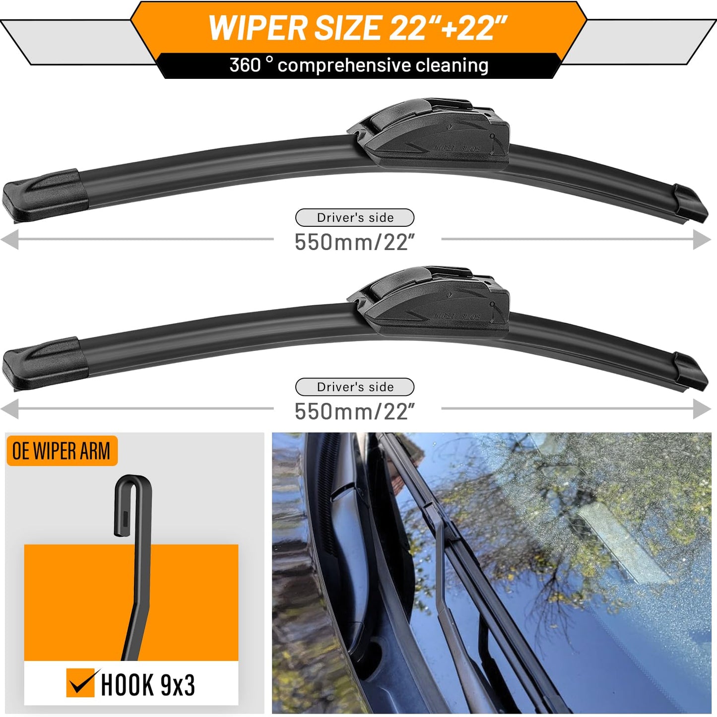 AUTOBOO 22 + 22 Windshield Wipers Replacement for F150 2025 2024 2023-2009,Silverado 1500 2024-2019,Sierra 1500 2024-2019,RAM 1500 2018-2011 Original Factory Quality J/U Hook