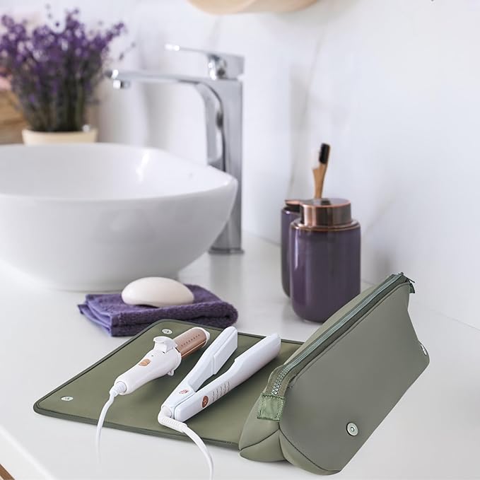 BAREFOOT CARIBOU Hair Tools Travel Bag and Heat Resistant Mat (15.5") for Flat Irons, Straighteners, Curling Iron, and Haircare Accessories, 2-in-1 design, Interior Pockets, Portable Organizer (Olive)