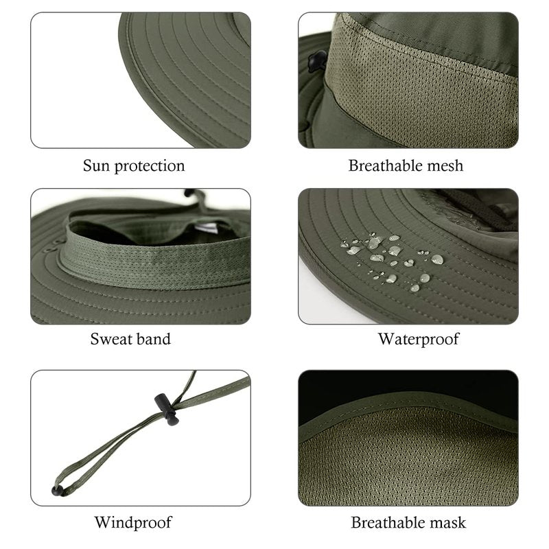3 Pack Mens Outdoor Wide Brim Fishing Hat,UPF 50+ Sun Protection Cap with Face Neck Flap for Hiking & Garden