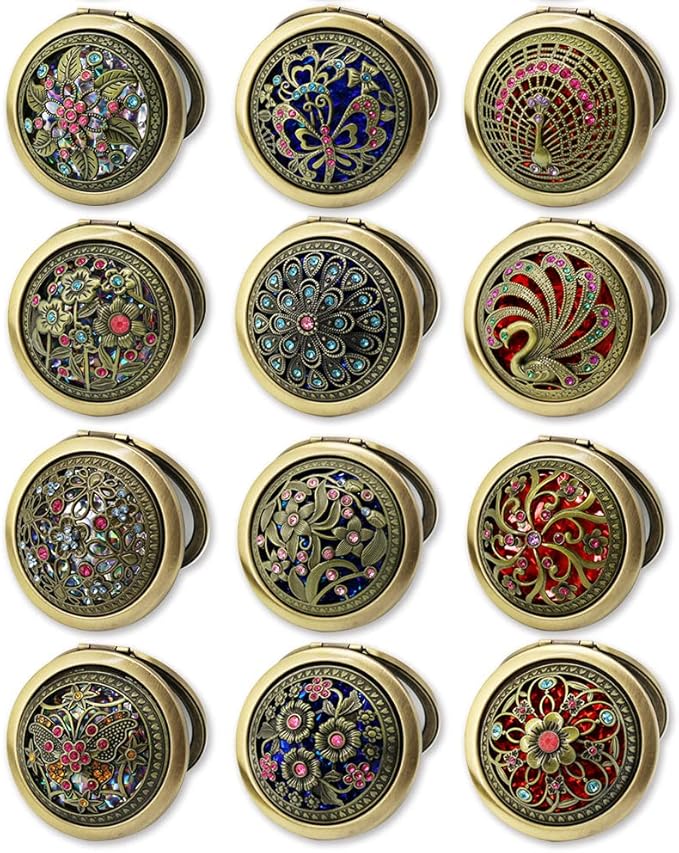 Rich Boxer 4 Pcs Vintage Foldable Mirror Metal Vanity Mirror Travel Mirror Makeup Mirror Pocket Mirror Double Sided Compact Cosmetic Mirror, Bronze, Random Style