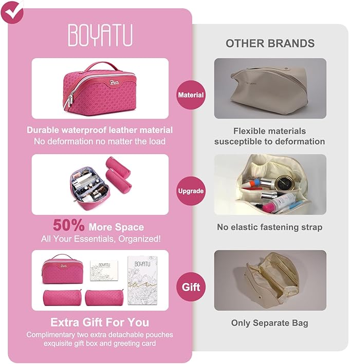 BOYATU Travel Makeup Bag Cosmetic Bags for Women: Large Capacity 3 Pcs Set Make up Bag with Compartments - Waterproof Vegan Leather Toiletry Organizer Bags with Handle (M-73Rose)