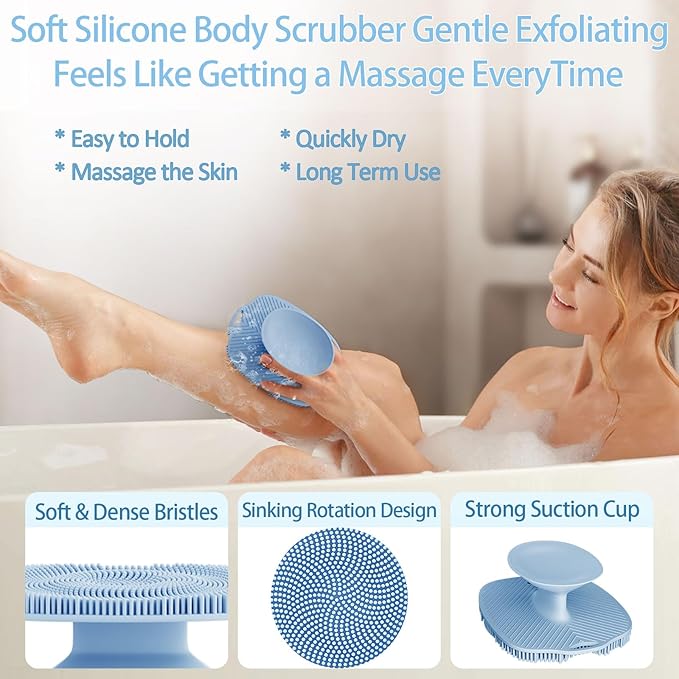 Soft Silicone Body Scrubber, Gentle Like a Hand Exfoliating Your Skin and Build Up Lather Easily, Back Large Suction Cup Easy to Store, Long-Lasting & Deep Clean (Blue)