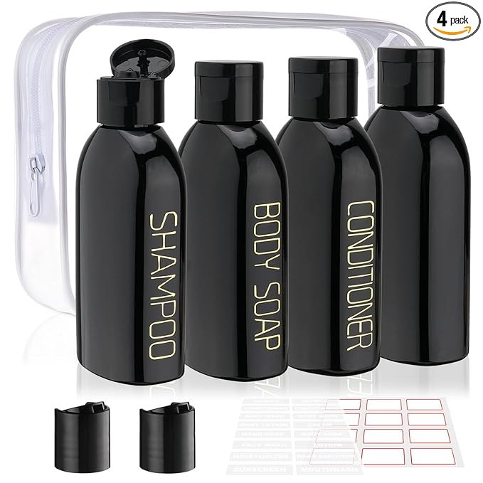 Cosywell Travel Bottles for Toiletries 4pcs 3.4oz Travel Shampoo and Conditioner Bottles TSA Approved Travel Size Containers Leak Proof Small Plastic Squeeze Bottles with Flip Cap(Black)