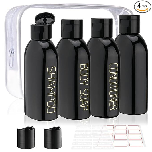 Cosywell Travel Bottles for Toiletries 4pcs 3.4oz Travel Shampoo and Conditioner Bottles TSA Approved Travel Size Containers Leak Proof Small Plastic Squeeze Bottles with Flip Cap(Black)