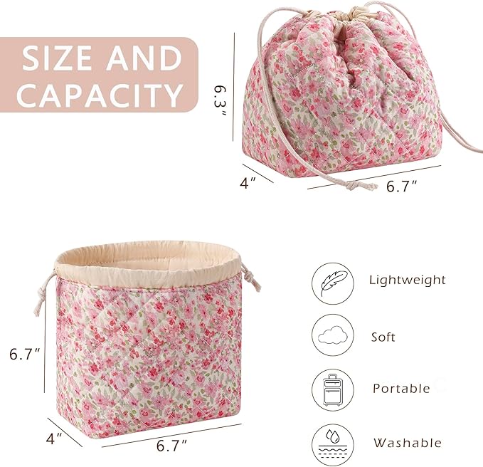 Cotton Quilted Drawstring Makeup Bag with Canvas Lining,Coquette Aesthetic Cute Travel Toiletry Bag,Drawstring Gift Bag for Women and Girls（18 Watercolor Pink Flower）