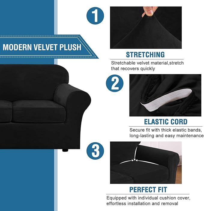 H.VERSAILTEX Real Velvet Plush 3 Piece Stretch Sofa Covers Couch Covers for 2 Cushion Couch Loveseat Covers Width Up to 72 Inch Feature Thick Soft Stay in Place (Medium Sofa, Black)