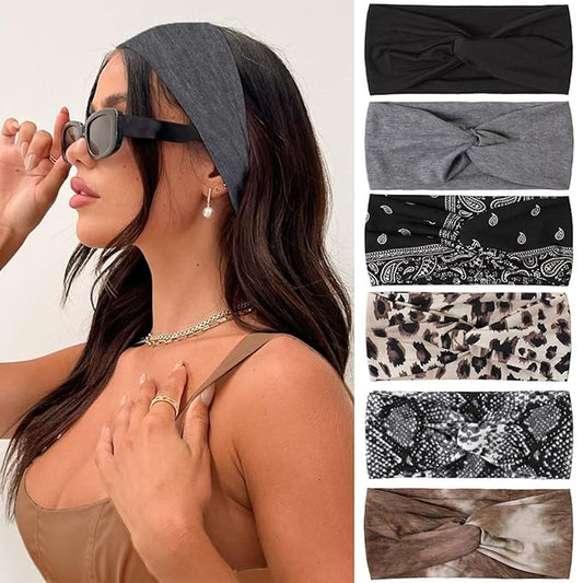 Kachanaa 6 Pack Solid Color Boho Style Non-slip Printed Headband Wigs for Women Soft Elastic Breathable Hair Bands Turban for Teen Girls Accessories