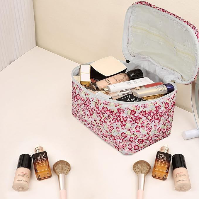Gosect 1pc Large Makeup Bag, Cute Cosmetic Bag for Women Girls, Floral Coquette Aesthetic Toiletry Bag, Travel Make Up Organizer Bag (Red Small Flower