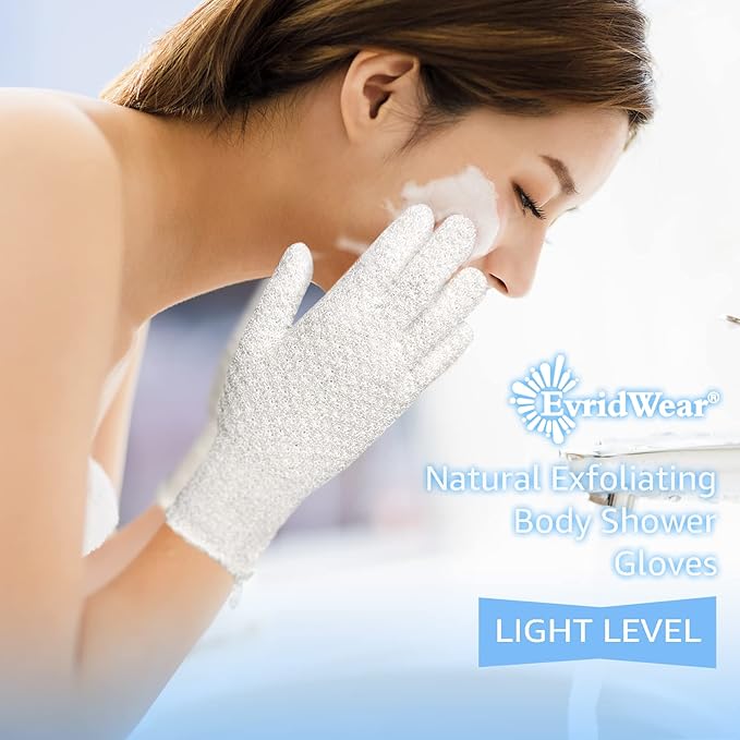 Evridwear Exfoliating Dual Texture Bath Gloves for Shower, Spa, Massage and Body Scrubs, Dead Skin Cell Remover, Gloves with Hanging Loop (1 Pair Light)