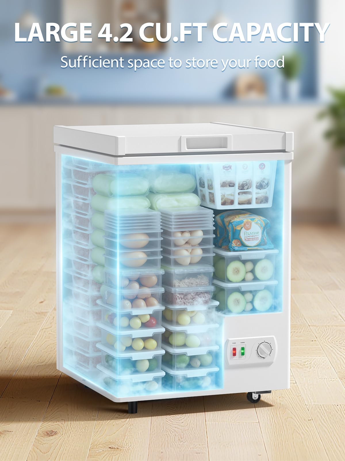 Chest Freezer 4.2 Cu.ft 7 Level Temperature, Deep Freezers with Two Removable Baskets, Freestanding Top Door Open Freezer for Kitchen Garage Home, White