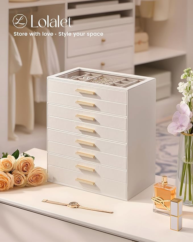 Lolalet Jewelry Box Organizer, 8-Layer Jewelry Organizers and Storage Case with Glass Lid, Ring Earring Bracelet Necklace Holder Organizer, Birthday Valentine Gifts for Women Girls -8Layer, Beige