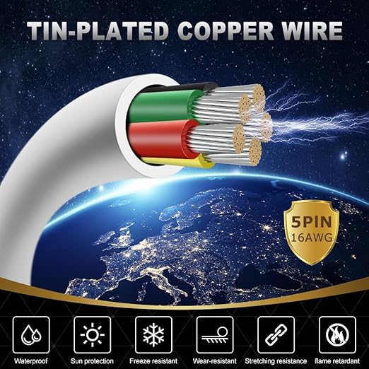 16 Gauge 5 Conductor Electrical Wire, 32.8FT White Stranded Low Voltage 16/5 Cable PVC Case, 16 AWG Tinned Copper 5 Wire Extension Power Cable for LED Lamp Lighting, Automotive
