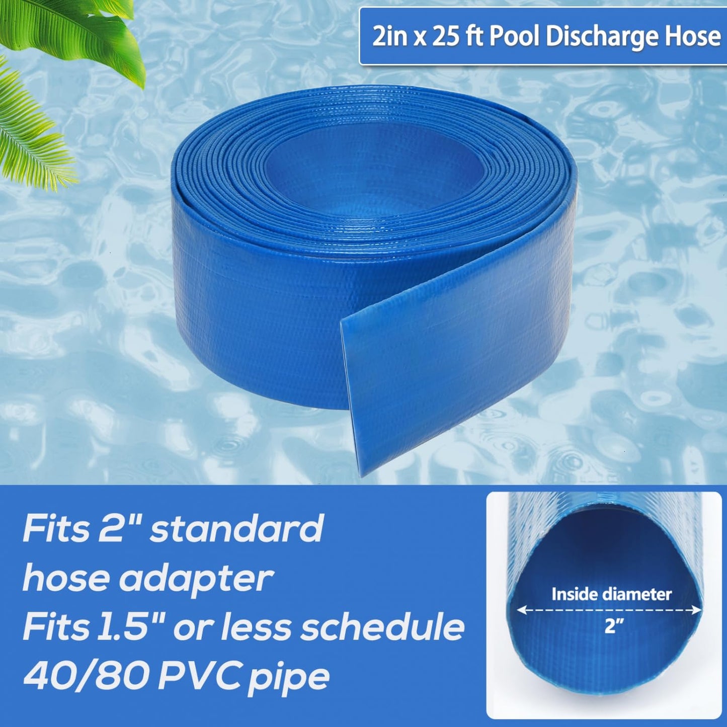 Gonioa 2 inches x 25 FT Heavy-Duty PVC Swimming Pool Backwash Hose, Reinforced Discharge Hose with Clamp for Swimming Pools, Blue