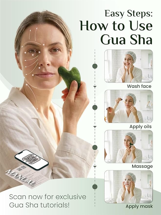 Rena Chris Gua Sha Facial Tools, Xiuyan Jade Guasha Tool for Acupuncture, Manual Massage Tool for Jawline Sculpting and Puffiness Reducing, Gua Sha Facial Massage Tool, Skin-Care Gift (Dark Green)