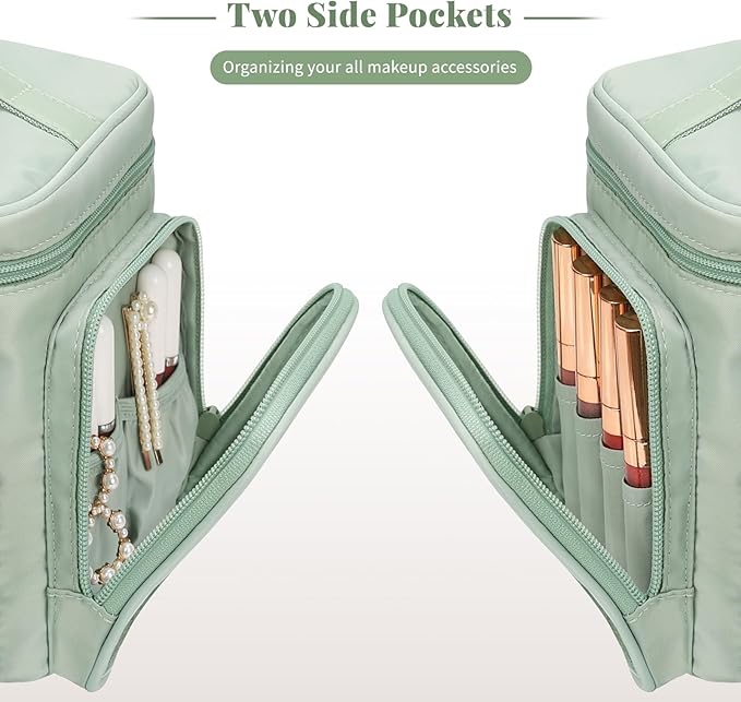 Bagmoly Large Makeup Bag, Portable Travel Makeup Bag Organizer for Women Girls with Makeup Brush Compartment & Two Side Pockets, Cosmetic Travel Bag Vertical Storage Toiletry - Green