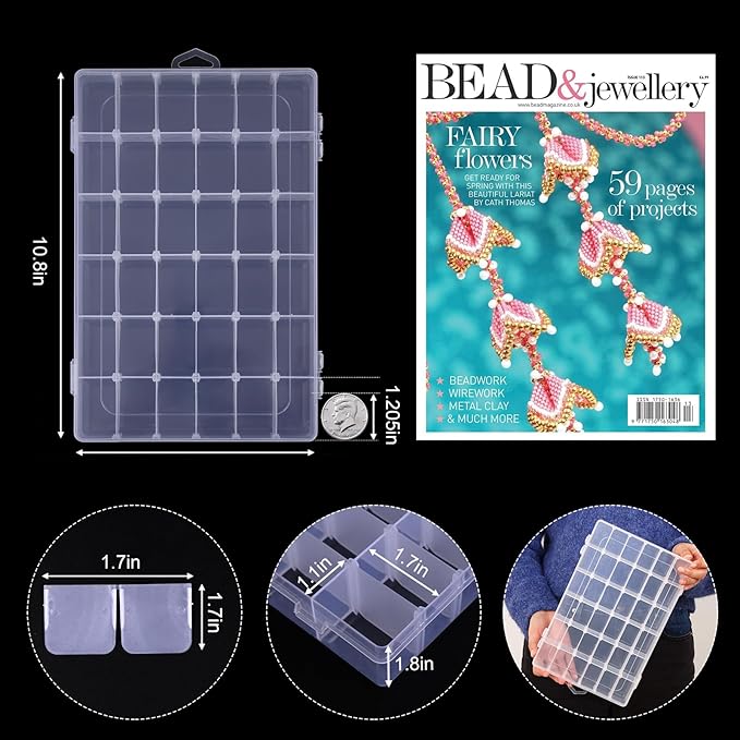 OUTUXED 4 Pack 36 Grids Plastic Bead Organizer Box with Dividers, Clear Craft Tackle Box Parts Storage Containers with Compartments for Jewelry Fishing Tackle Art DIY with 5 Sheets Label Stickers