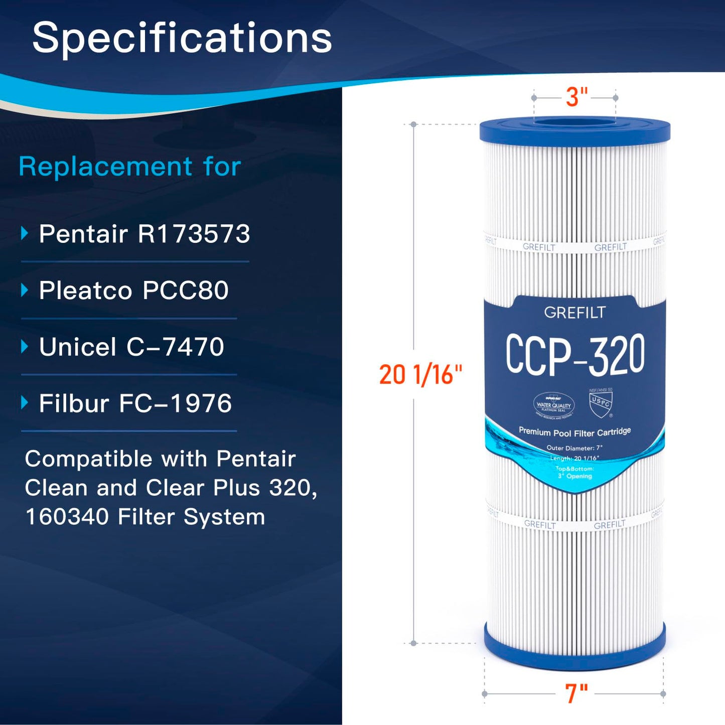 Grefilt 4-Pack CCP320 Pool Filter Cartridges, Compatible with Pentair Clean & Clear Plus 320, Replaces Pentair R173573, Pleatco PCC80-PAK4, 320 sq.ft