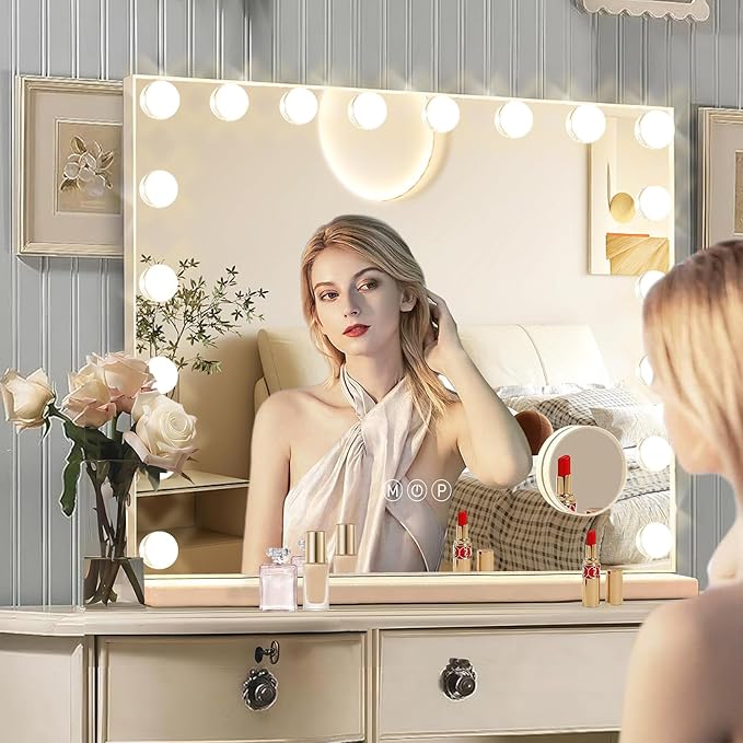 Hollywood Vanity Mirror with Lights, 18 Dimmable Bulbs, 3 Color Lights,Make Up Lighted Mirror, Aluminum Metal Frame, USB Charging Port（32" x 24"）