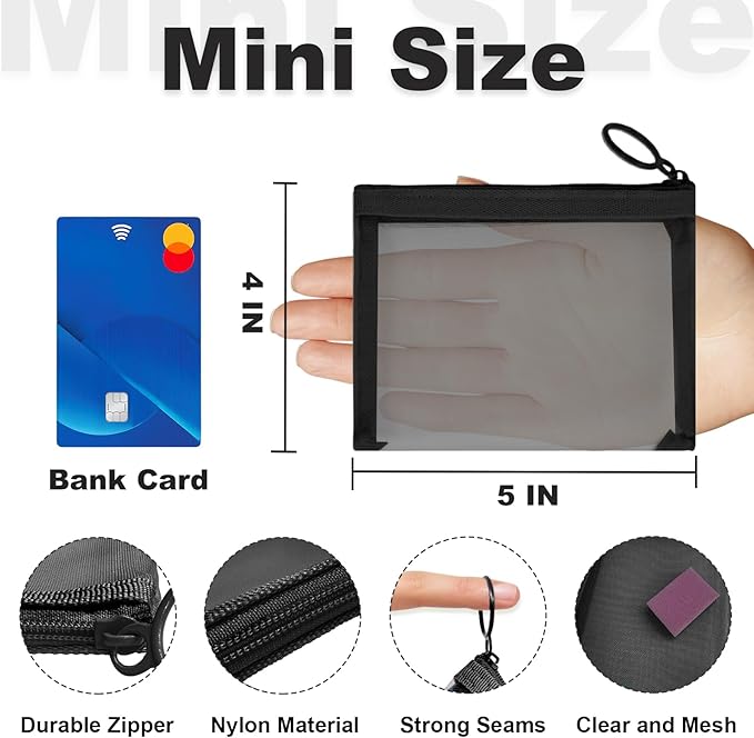 Mini Mesh Pouches (4 Pack), Small Mesh Bags with Zipper Nylon Makeup Pouches Bag Cosmetic Pouch Travel Purse Organizer Insert Diaper Inside Bag Organizers Home Organizing Size See Through Cute Black