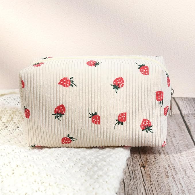 SOIDRAM 2 Pcs Cute Makeup Bag Large Cosmetic Bag Toiletry Bag Makeup Pouch Travel Bag Organizer Cute Makeup Brushes Aesthetic Accessories Storage Bag for Women Strawberry Beige