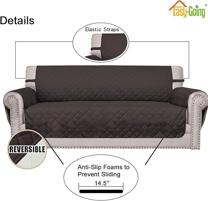 Easy-Going 4 Seater Sofa Slipcover Reversible Sofa Cover Water Resistant Couch Cover with Foam Sticks Elastic Straps Furniture Protector for Pets Children Dog Cat (XX-Large, Chocolate/Ivory)