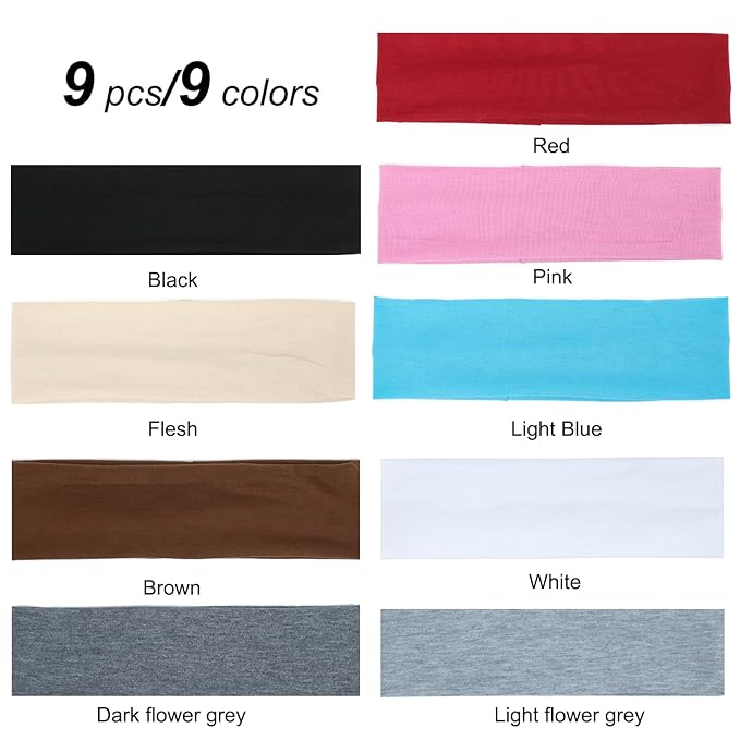 9Pcs Headbands for Women Non Slip Headband, Soft Elastic Hair Bands for Women's Hair, Fashion Cotton Cloth Stretchy Sweat Bands Headbands for Sports, Makeup, Gym, Running, Yoga, Workout (9Colors-B)