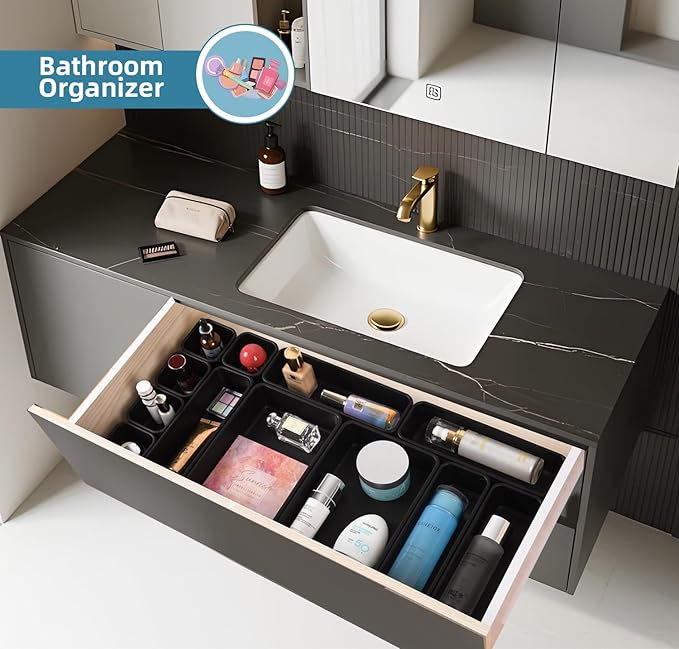 Kutesna 15 Piece Drawer Organizer Set, 3 Size Interlocking Plastic Storage Bins for Office Supplies, Jewelry Makeup Vanity, Bathroom Kitchen, Home Organization Closet, Gadgets Small Items, Black