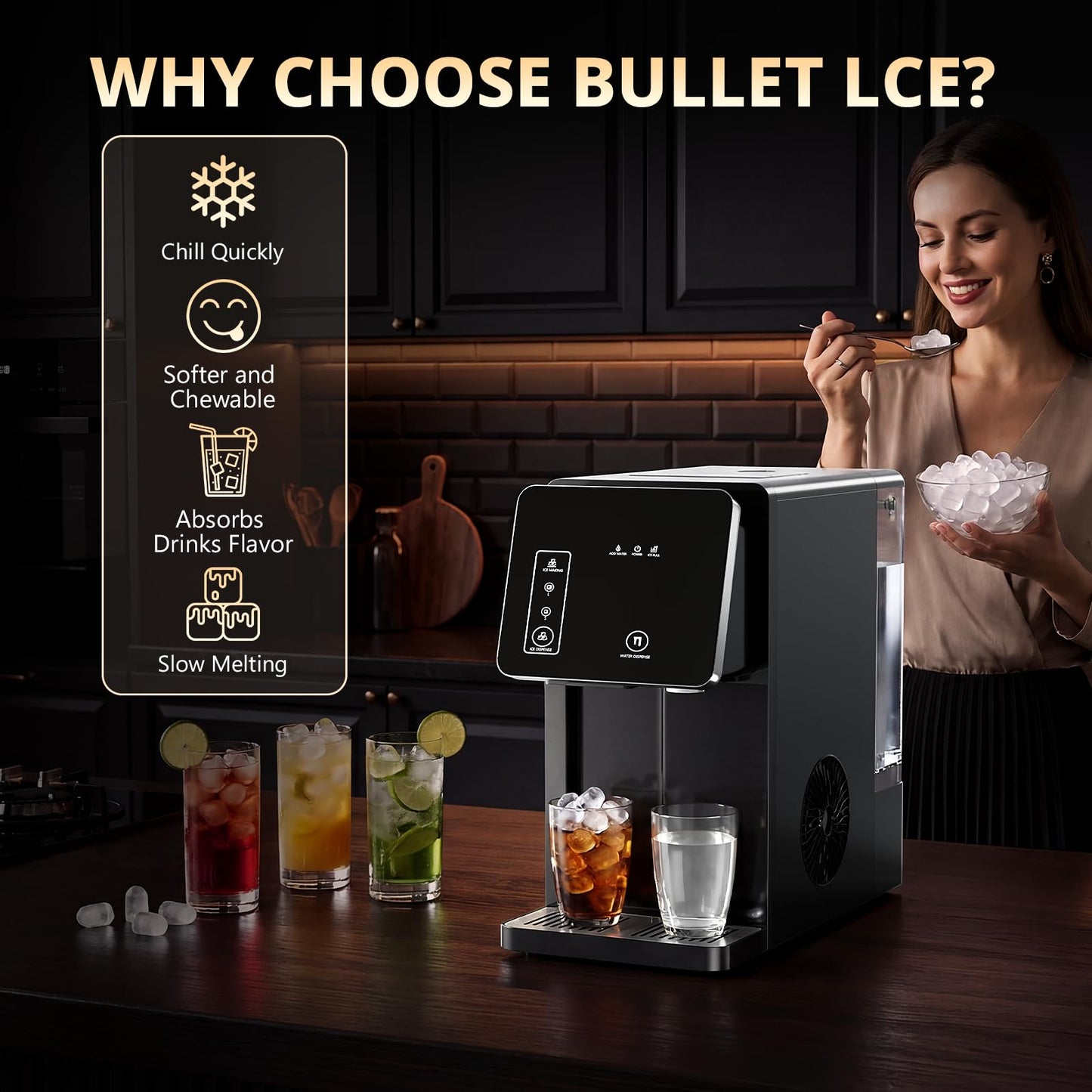 Cowsar 2-in-1 Countertop Ice Maker with Water Dispenser, 9 Ice Cubes Release in 8 Mintues, 26Lbs/24H Dual Sizes of Bullet Ice Machine with 3.3L Removable Water Tank for Home, Kitchen, Office
