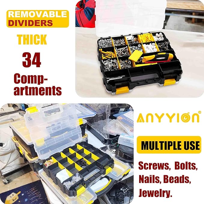 Anyyion Small Parts Organizer, 34-Compartments Double Side parts organizer with Removable Dividers for Hardware, Screws, Bolts, Nails, Beads, Jewelry. (1 PCS, Yellow)