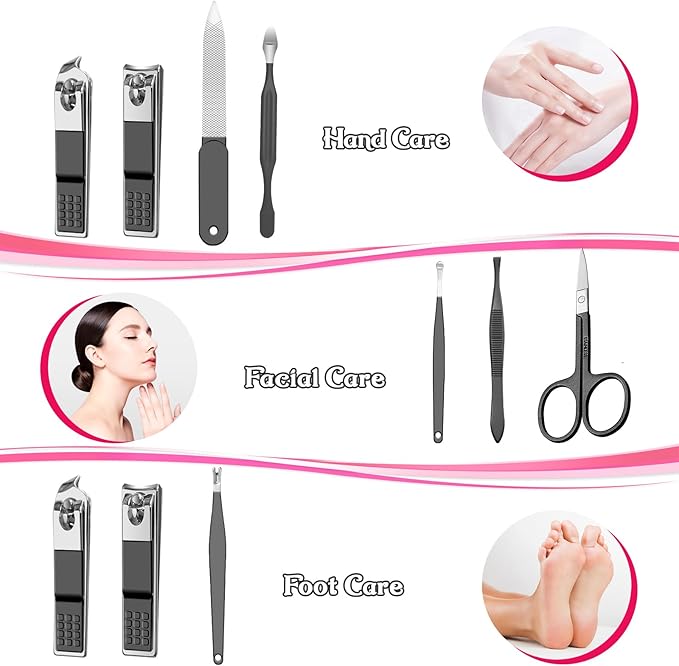 Manicure Set 8 in 1 Nail Clipper Set,RedFlow Nail Clippers,Fingernail & Toenail Clippers,Manicure Tools,Pedicure Tools,Suitable for Travel Manicure Kit (Black)