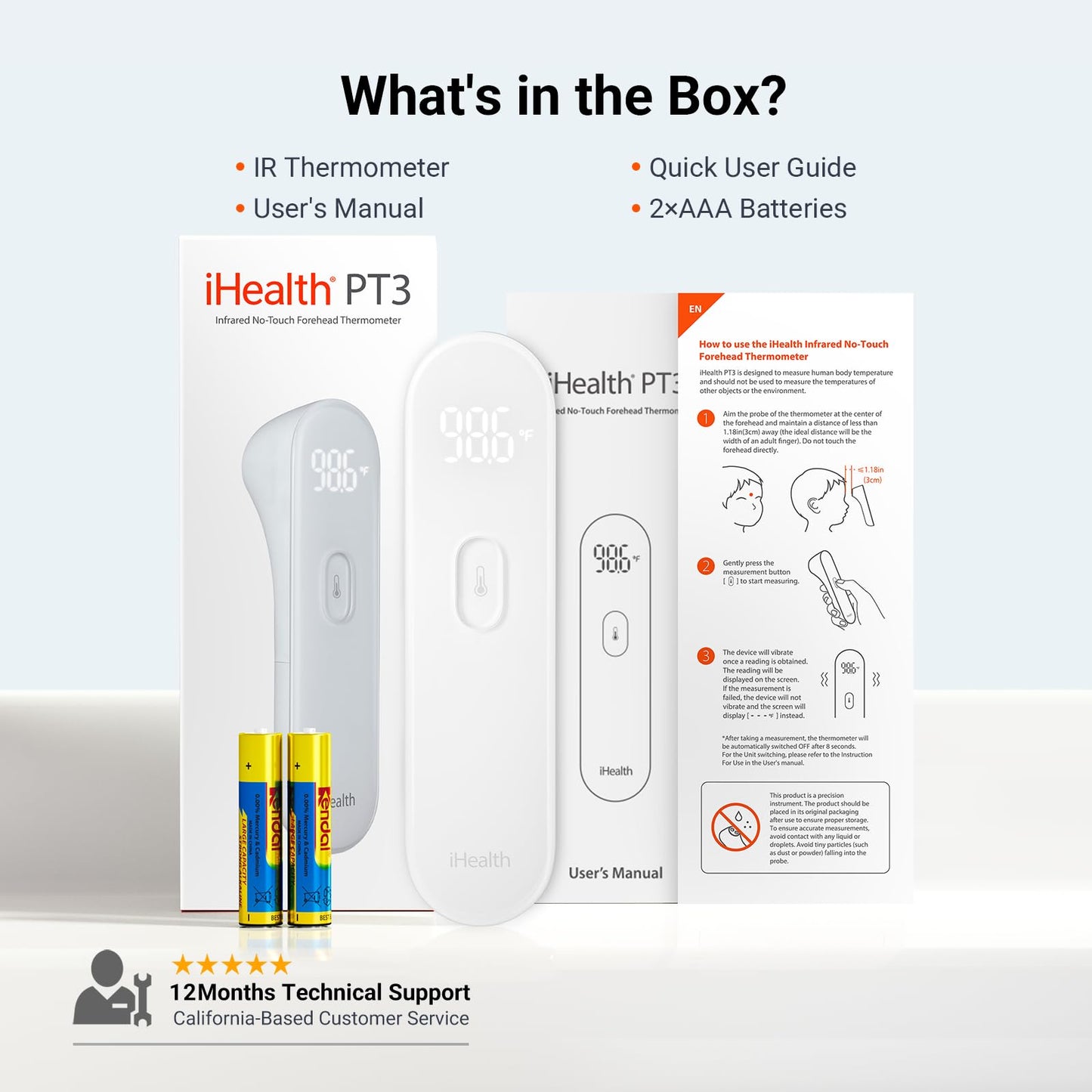 iHealth No-Touch Forehead Thermometer for Adults, Kids, Babies - 1s Fast Accurate, 3 Ultra-Sensitive Sensors, Quiet Vibration Feedback, Digital Large LED Digits, Easy to Use for Home & Nurses, PT3
