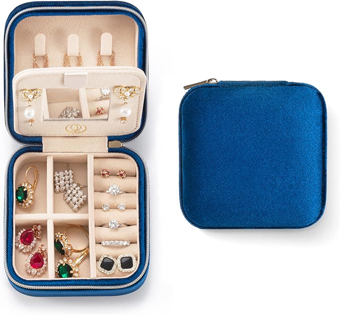 Plush Velvet Travel Jewelry Case, Travel Jewelry Organizer, Jewelry Travel Case, Travel Jewelry Box, Small Jewelry Case for Women, Jewelry Travel Box, Earring Organizer with Mirror - Navy Blue