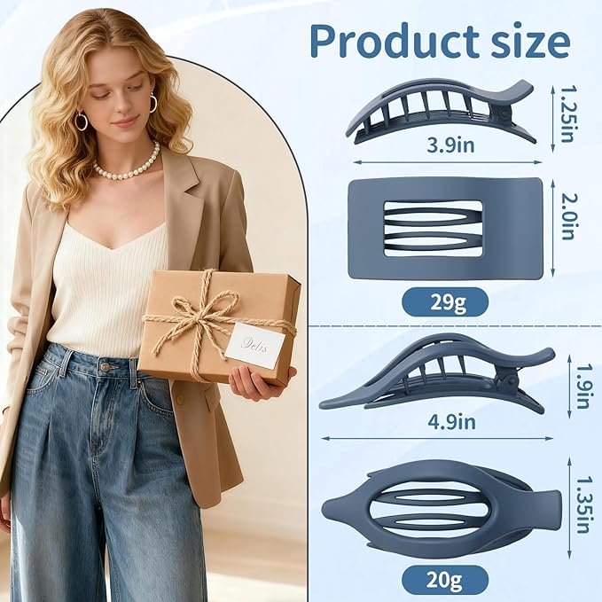 8Pcs French Flat Hair Clips for Women 2 Styles Claw Clips for Girls Matte Flat Hair Claw Clips for Thin and Thick Hair Large Non-slip Strong Hold Hair Accessories for Women (Blue)