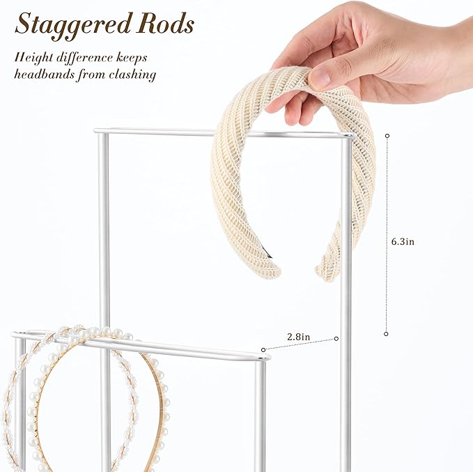Headband Holder Organizer Metal 2-Tier with Tray: Hair Accessories Display Stand Storage Hairband Rack Necklace Stand Home Bedroom for Girls Women, White