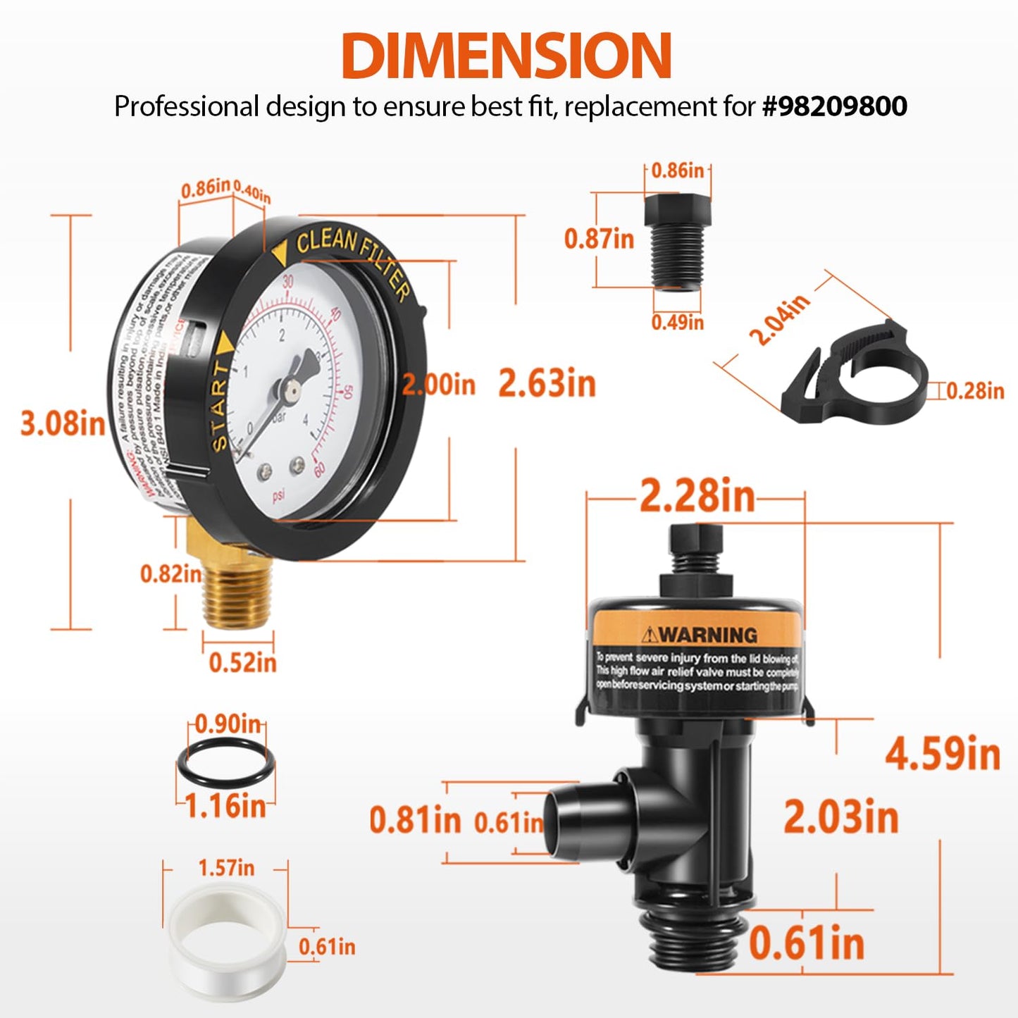 DearChan 98209800 High Flow Manual Relief Valve/Air Relief Manual Valve Assembly with Pressure Gauge, Replacement for Pool and Spa Filter (2 PACK-98209800)