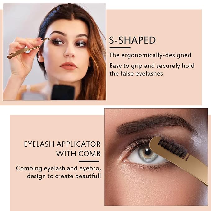 B&Qaugen False Eyelash Applicator Tool 2 pieces for Lash Clusters, Gold DIY Eyelash Tweezers Set (Golden,2pcs)
