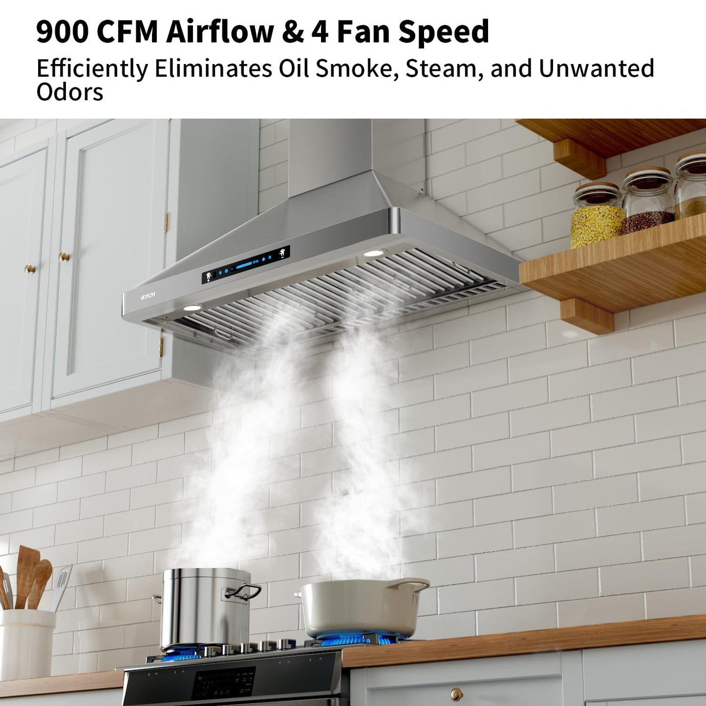 IKTCH Wall Mounted Range Hood 30 inch, 900 CFM Ducted/Ductless Stainless Steel Range Hood with Gesture Sensing & Touch Control IKP02R-30