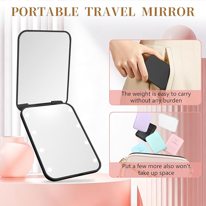 Compact Mirror, 1X/3X Magnification LED Pocket Mirror with Nternal BIattery, Mini Mirror for Purse, Pocket,Travel and Present (Black)