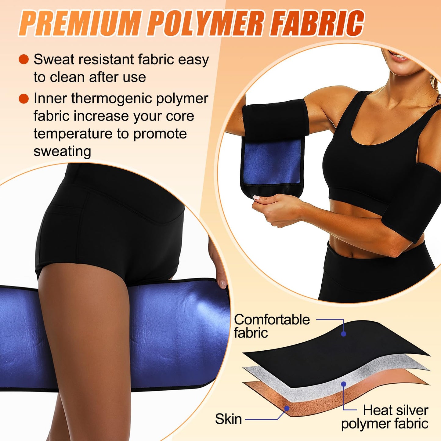 Shyyween 4 Pcs Thigh Wraps & Arm Trimmers Set Thigh and Arm Sweat Bands Slimmer Leg Wrap Compression for Weight Loss(Black and Blue)