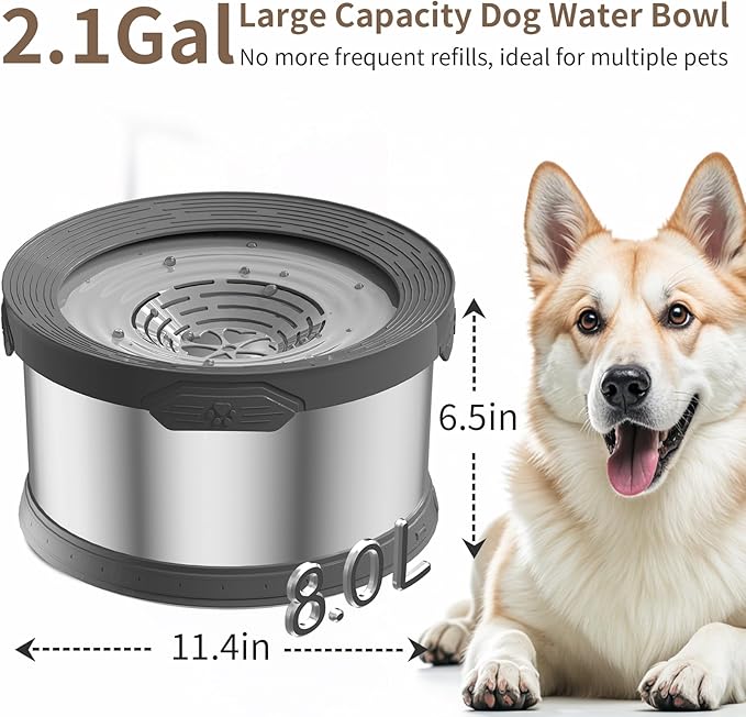 8L Dog Water Bowl No Spill 2.1 Gallon Stainless Steel Water Bowl for Dogs 270oz Large Capacity No Splash Slow Drinking Feeder with Anti-Slip Mat for Messy Drinkers