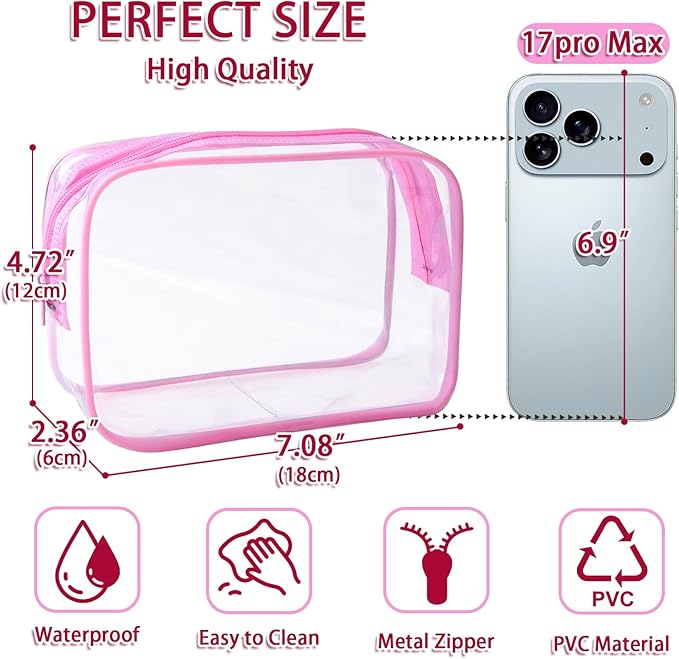 12 Pieces Clear Makeup Bags Bulk, TSA Approved Toiletry Bag PVC Cosmetic Toiletries Pouch with Zipper, Waterproof Vinyl Plastic Organizer Case for Carry-on Travel Essentials (Pink Medium)