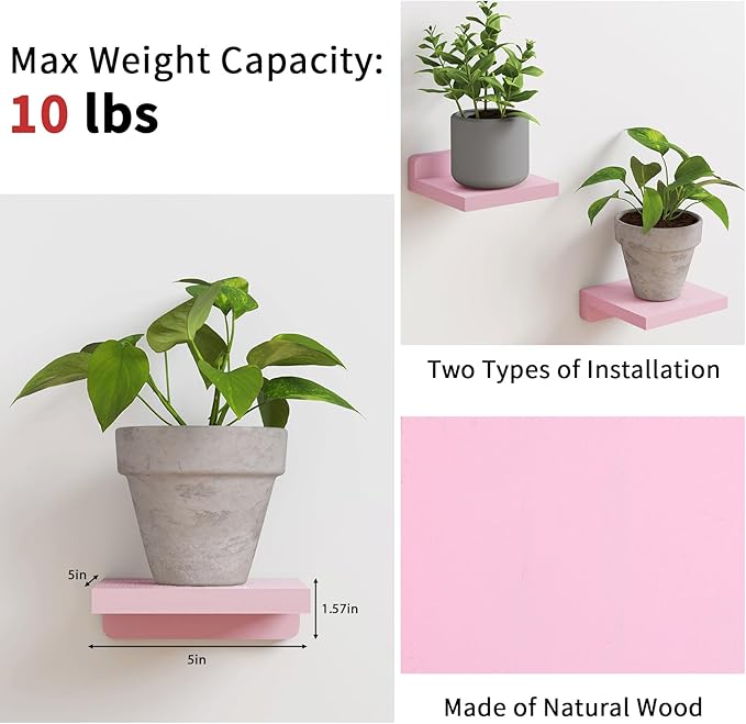 Fixwal Pink Shelves, 5x5 Inches Small Wall Shelf Set of 4, Rustic Wood Floating Wall Mounted Shelves for Bedroom, Living Room, Kitchen, Bathroom Decor (Pink)