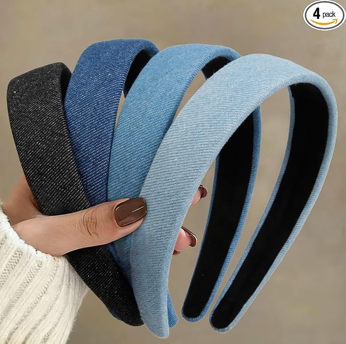 Huachi Headbands for Women Non Slip Trendy Denim Headbands for Women’s Hair 1 inch Wide Cute Headband for Girls, Vintage Head Bands Elastic Hair Bands Fashion Accessories for Women 4PCS