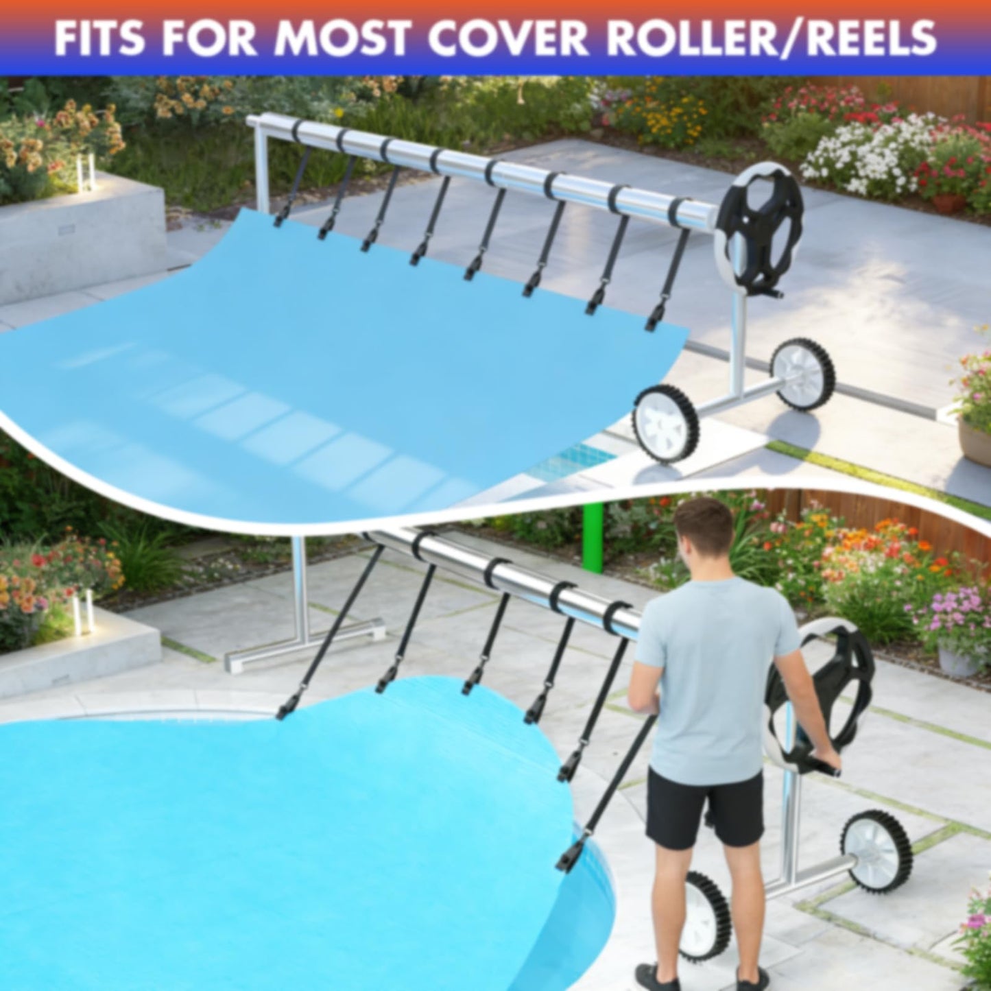 Goovilla 24 Pcs Pool Solar Cover Reel Attachment Kit, Inground Swimming Pool Solar Cover Straps and Clips, Weather Resistant Solar Blanket 8 Strap Kit with 8 Hooks and 8 Touch Fastener, Black