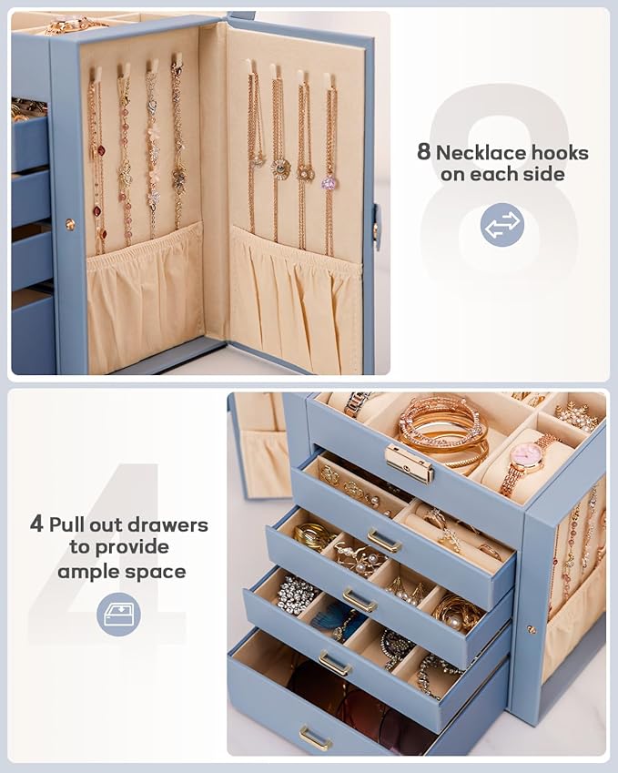 Homde Synthetic Leather Huge Jewelry Box Mirrored Watch Organizer Necklace Ring Earring Storage Lockable Gift Case (Grey Blue + Gold)
