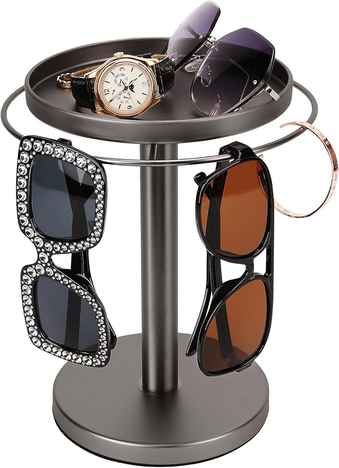 360° Rotating Sunglass Organizer Storage, Stainless Steel Glasses Holder Stand, Glasses Organizer with Tray for Desk, Dresser, Tabletop, Nightstand and Home Decor(Titanium Black)