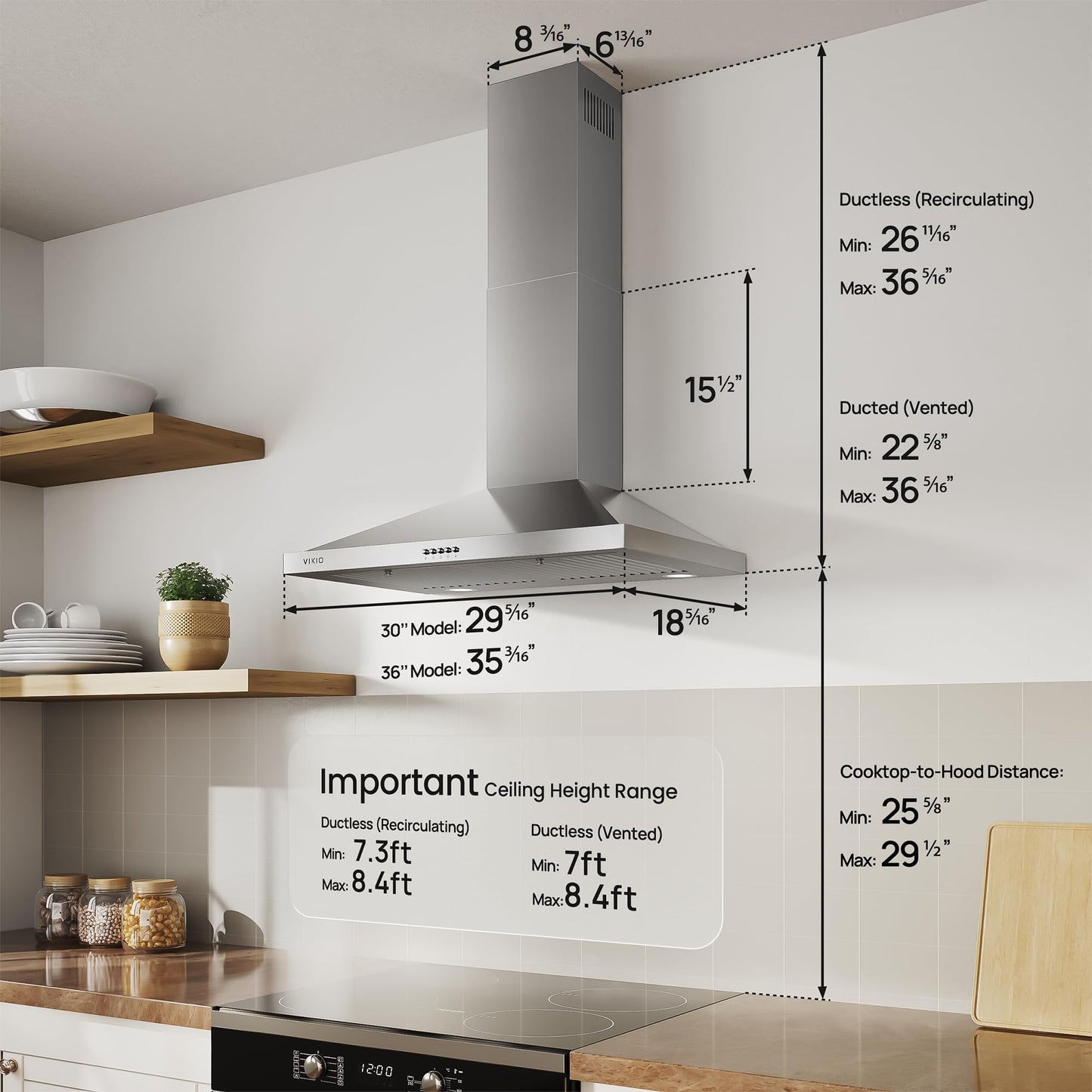 VIKIO HOME Wall Mount Range Hood 30 inch, 600 CFM Kitchen Vent Hood, Ducted or Ductless, with Charcoal Filters, Stainless Steel Baffle Filters & Dual LED Lights