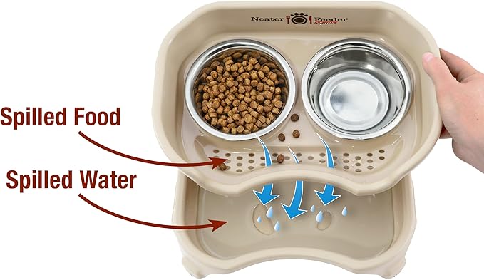 Neater Feeder Express Mess Proof Dog Bowls Elevated for Small Breeds Under 15 Lb, Made in USA, No Spill Raised Dog Food Bowl Stand, Stainless Steel Food and Water Bowl Set, Feeding Station, Almond